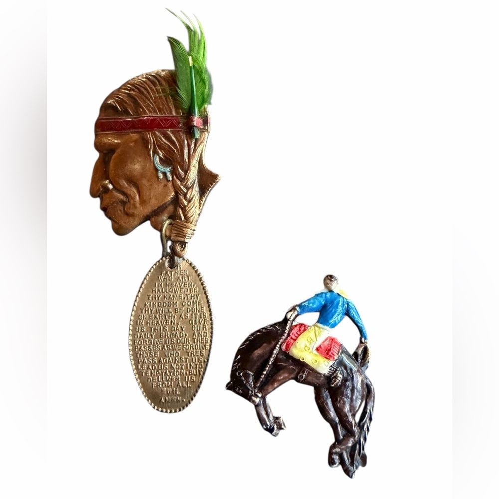 Lot of 2 1940s-1960s Native American Chief Pin & Rodeo Cowboy Pin